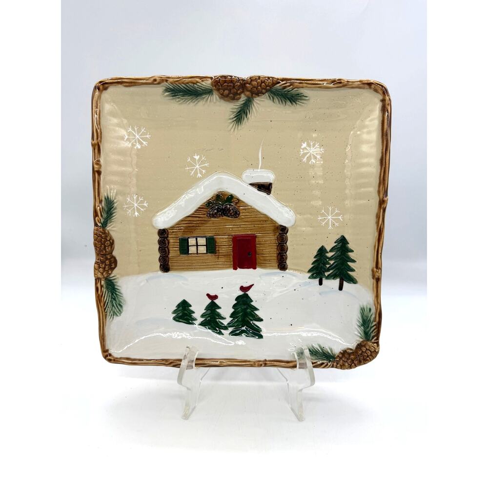 St. Nicholas Square Heartland Square Winter Log Cabin Salad Plate 9,25"